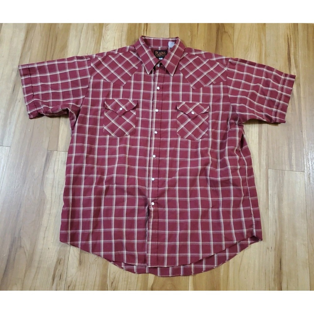 Plains Western Wear Mens XL Maroon Burgundy Plaid Pearl Snap Button Up Shirt‎